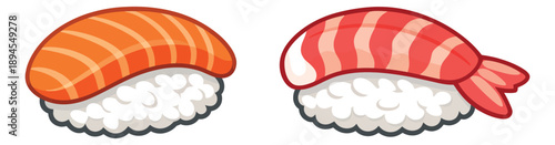 Cute cartoon sushi nigiri set featuring salmon and shrimp for food menus and restaurant branding