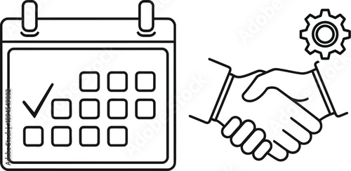 Outline concept showing business agreement finalization with a checked calendar date and a gear symbol representing successful coordination or scheduling of partnership