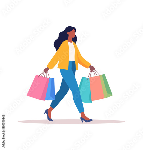 Retail Therapy: A stylish figure strides confidently, carrying a colorful array of shopping bags, symbolizing the pleasures and excitement of retail therapy.