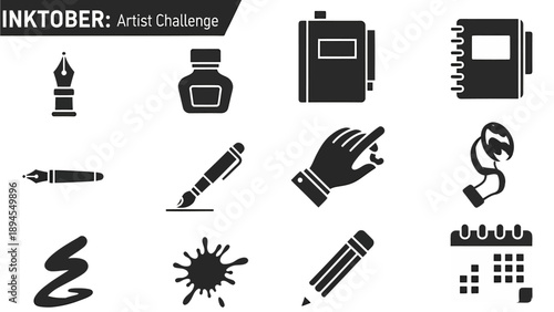 Black silhouette icons for an INKTOBER Artist Challenge displayed in a 3x4 grid