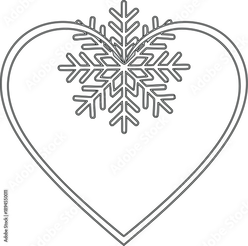 Minimalist line art drawing featuring a delicate snowflake centered within the upper curvature of a clean double-lined heart shape suitable for winter themes.