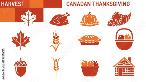 Collection of orange and red icons representing Canadian Thanksgiving harvest elements