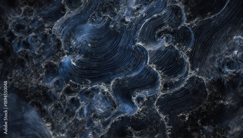 Abstract swirling patterns in deep blues and grays