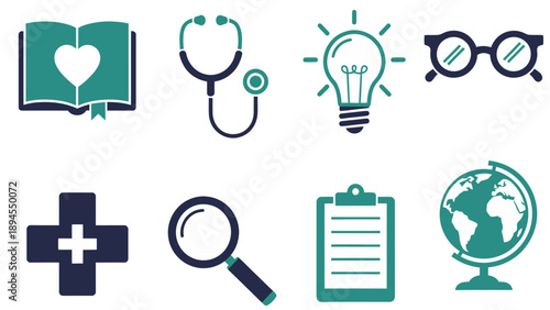Eight icons arranged in two rows featuring medical knowledge and global symbols in teal and dark blue