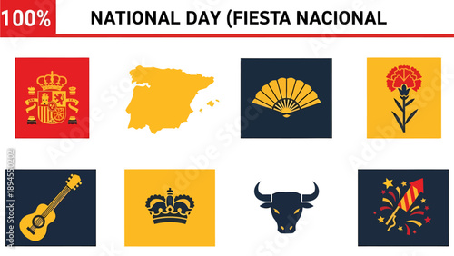 Eight Spanish cultural icons arranged in two rows under a title