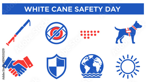 Graphic commemorating White Cane Safety Day with eight related icons