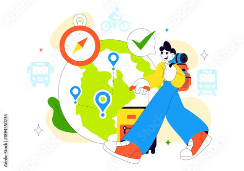  Eco Friendly Travel Lifestyle Vector Illustration Featuring Sustainable Tourism Elements With Green Transportation Flat Cartoon Background