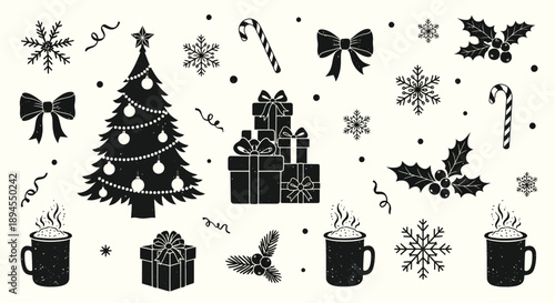 Black and white illustration of festive christmas elements and decorations