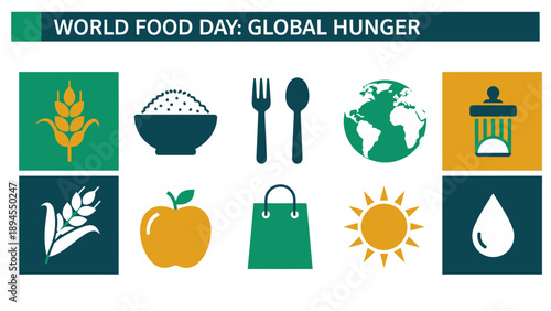 Graphic display for World Food Day illustrating global hunger with eight food and resource icons