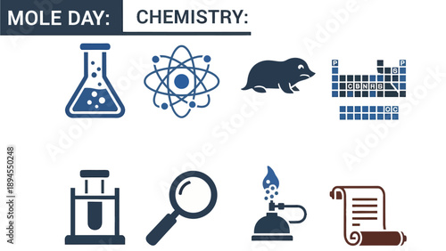 Graphic featuring chemistry icons and the text MOLE DAY CHEMISTRY