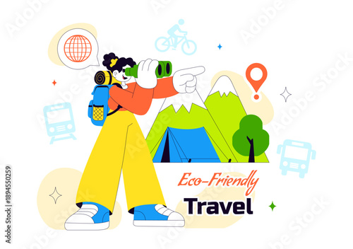  Eco Friendly Travel Lifestyle Vector Illustration Featuring Sustainable Tourism Elements With Green Transportation Flat Cartoon Background