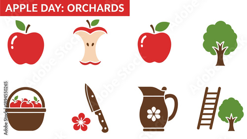 Graphic icons related to apples and orchards arranged in two rows