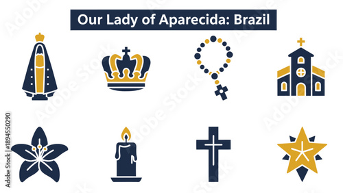 Graphic icons related to Our Lady of Aparecida Brazil displayed in two rows