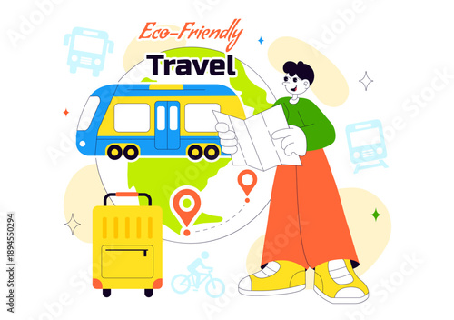  Eco Friendly Travel Lifestyle Vector Illustration Featuring Sustainable Tourism Elements With Green Transportation Flat Cartoon Background