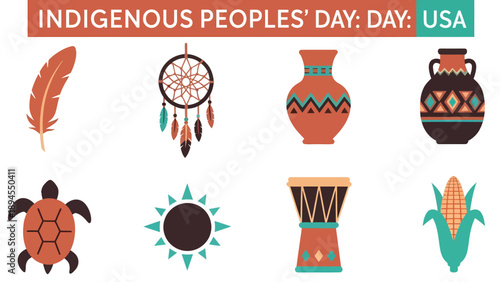 Indigenous Peoples Day USA graphic with feather dreamcatcher pottery turtle sun drum and corn