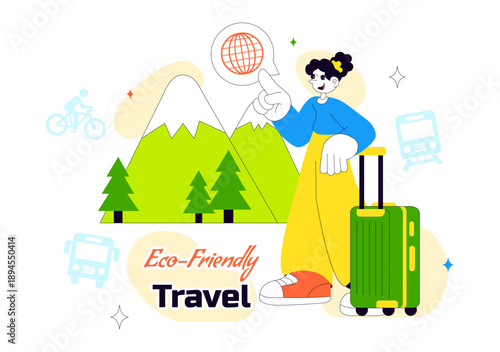  Eco Friendly Travel Lifestyle Vector Illustration Featuring Sustainable Tourism Elements With Green Transportation Flat Cartoon Background