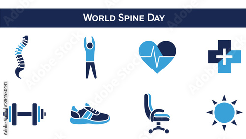 Infographic icons for World Spine Day spine stretching figure heart pulse medical cross dumbbell shoe chair sun