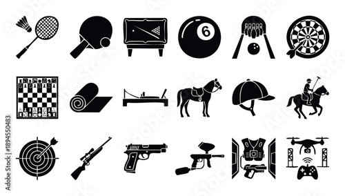 Set of diverse black and white icons representing various popular sports, indoor games, and recreational activities, useful for digital applications, web interfaces, or print materials.