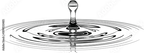 Striking black and white abstract representation of a liquid water droplet bouncing back creating perfect concentric circular ripples upon a smooth surface