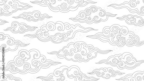 Detailed black and white outline illustration of swirling traditional oriental auspicious clouds creating a seamless Asian cultural pattern design background