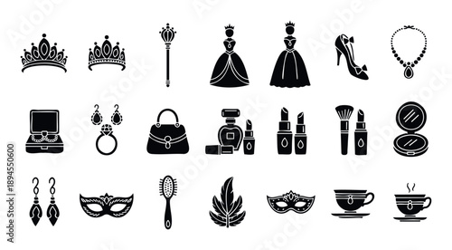 Elegant royal and luxury feminine accessories vector icon collection perfect for use in various graphic design projects, product branding, and celebratory event invitations