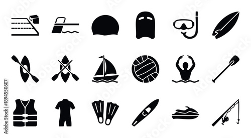 A comprehensive collection of bold water sports and summer recreation icons, ideal for illustrating aquatic activities, leisure, and outdoor adventures in various media applications.