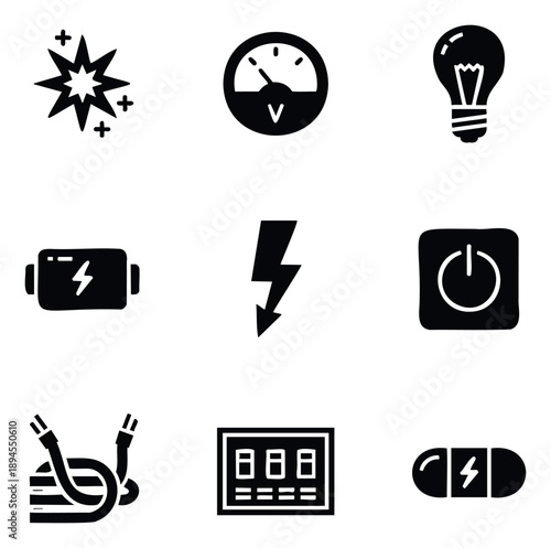 Electrical power and energy related glyph icons set featuring light bulbs, batteries, voltmeters, and power buttons suitable for technical presentations or informational graphics.