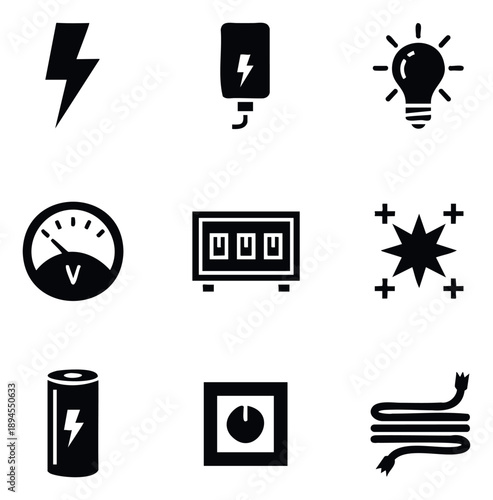 A comprehensive collection of electrical energy symbols and power related icons for digital interfaces, engineering diagrams, and science education resources