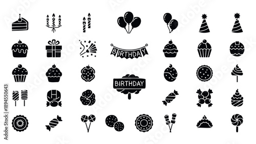 Festive collection of birthday and party celebration icons in black silhouette featuring cake, candles, balloons, hats, cupcakes, gifts, and assorted sweets for graphic design projects.