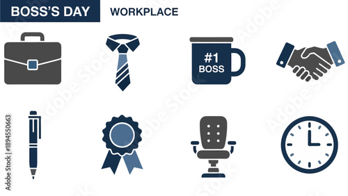 Workplace icons for Bosss Day presentation briefcase tie mug handshake pen ribbon chair clock