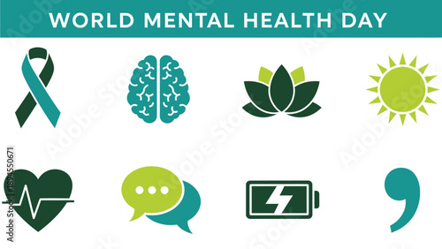 World Mental Health Day icons including ribbon brain lotus sun heart chat battery and comma
