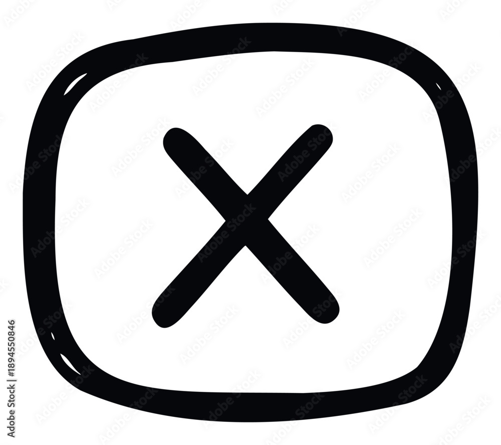 Obraz premium A handdrawn black X mark within a rounded rectangle frame for user interface icons, error notifications, denial symbols, or closing button graphics