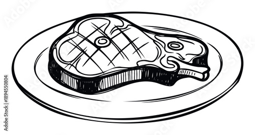 Hand drawn black and white grilled steak on a dinner plate perfect for culinary themed presentations food blogs cooking education materials menus or recipe booklets