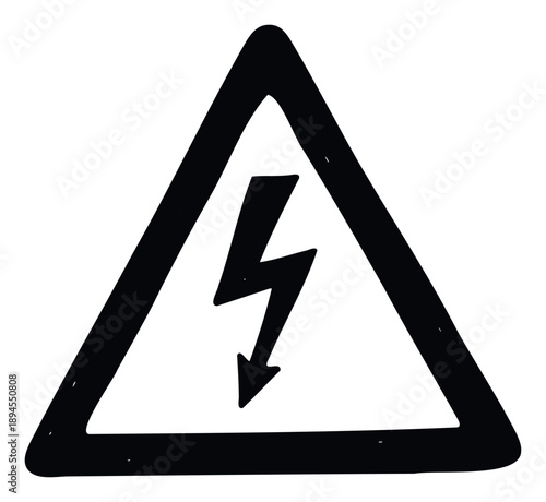 Handdrawn black warning sign in a triangle shape with a lightning bolt symbol indicating high voltage or electrical hazard, ideal for safety graphics and danger notifications.