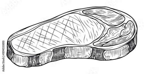 Hand drawn black and white engraving style illustration of a premium beef Tbone steak, perfect for restaurant menus, cooking websites, and meat product packaging.
