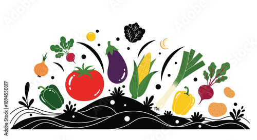 Colorful illustration of various fresh vegetables and garden elements