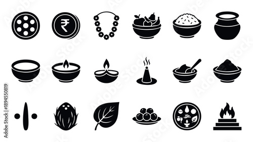 Various Indian cultural and religious symbols and elements representing traditional rituals, festival offerings, and spiritual practices for cultural event promotions, educational content,