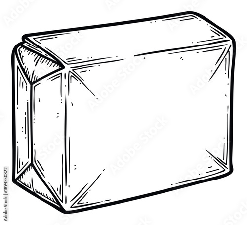 Stylized handdrawn black and white engraving of a solid rectangular package, ideal for vintageinspired branding, product graphics, or simple commercial design layouts.
