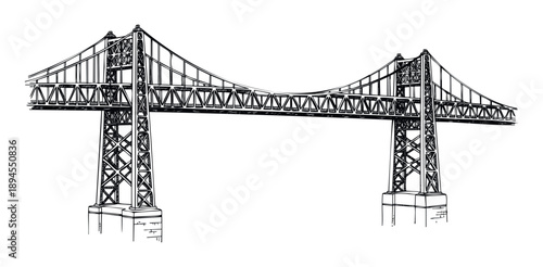 Hand drawn sketch of a large suspension bridge structure with strong towers and a long span over water, perfect for engineering or architectural presentations or educational materials.