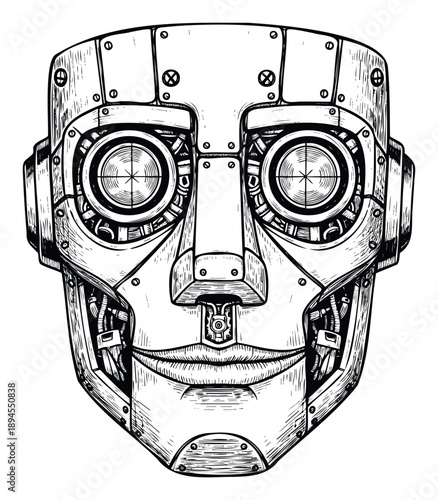Futuristic robot face in a detailed black and white etching style, suitable for vintage scifi themes, industrial design graphics, or advanced technology presentations.