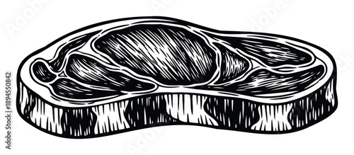 Classic engraved style beef steak cut for butcher shop branding or restaurant menu decoration, representing fresh meat ingredients for cooking.