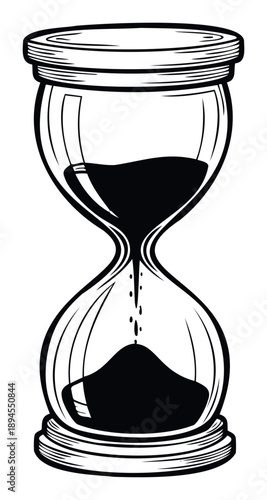 Classic black and white hourglass depicting sand flowing through its bulbs, symbolizing passing time and measurement, suitable for educational, historical, or symbolic projects