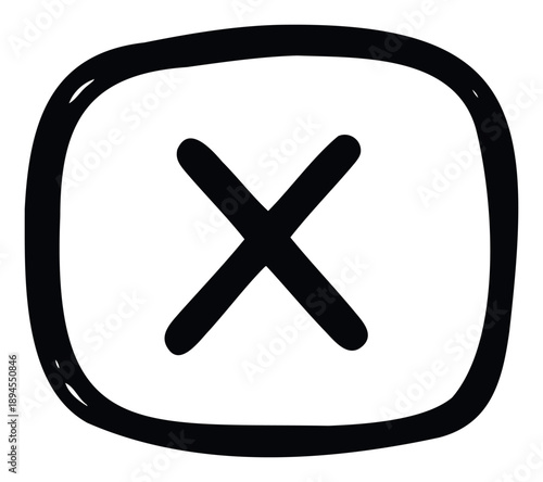 A handdrawn black X mark within a rounded rectangle frame for user interface icons, error notifications, denial symbols, or closing button graphics