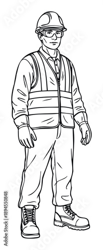 A diligent male worker wearing a protective hard hat, safety glasses, and a high visibility vest, prepared for industrial, construction, and safety awareness projects.