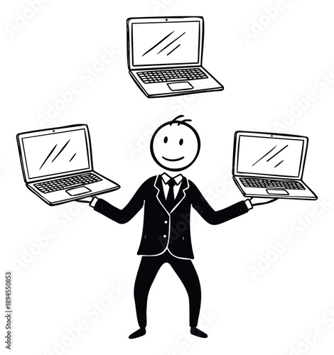 Smiling businessman stick figure juggling multiple laptop computers symbolizes advanced multitasking capabilities and efficient workflow management for corporate presentations or