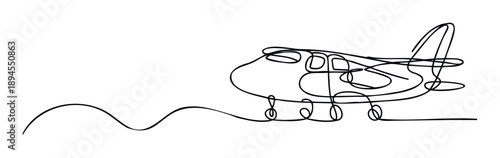 A flowing minimalist one line drawing of an airplane cruising through the sky, ideal for travel agency promotions, aviation industry graphics, or educational material about flight.