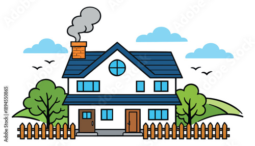 Colorful hand drawn line art illustration of a suburban house depicting a cozy home with a fence and garden for residential living or real estate