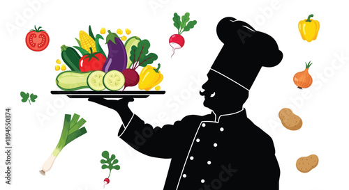 A chef presenting a platter of colorful fresh vegetables and produce