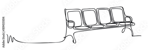 Continuous line drawing of a minimalist fourseat waiting bench providing a modern simple aesthetic suitable for healthcare transportation and public space architectural concepts