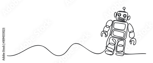 Continuous line drawing of a charming robot walking forward, symbolizing technology, innovation, and digital progress, perfect for modern presentations, educational materials, or
